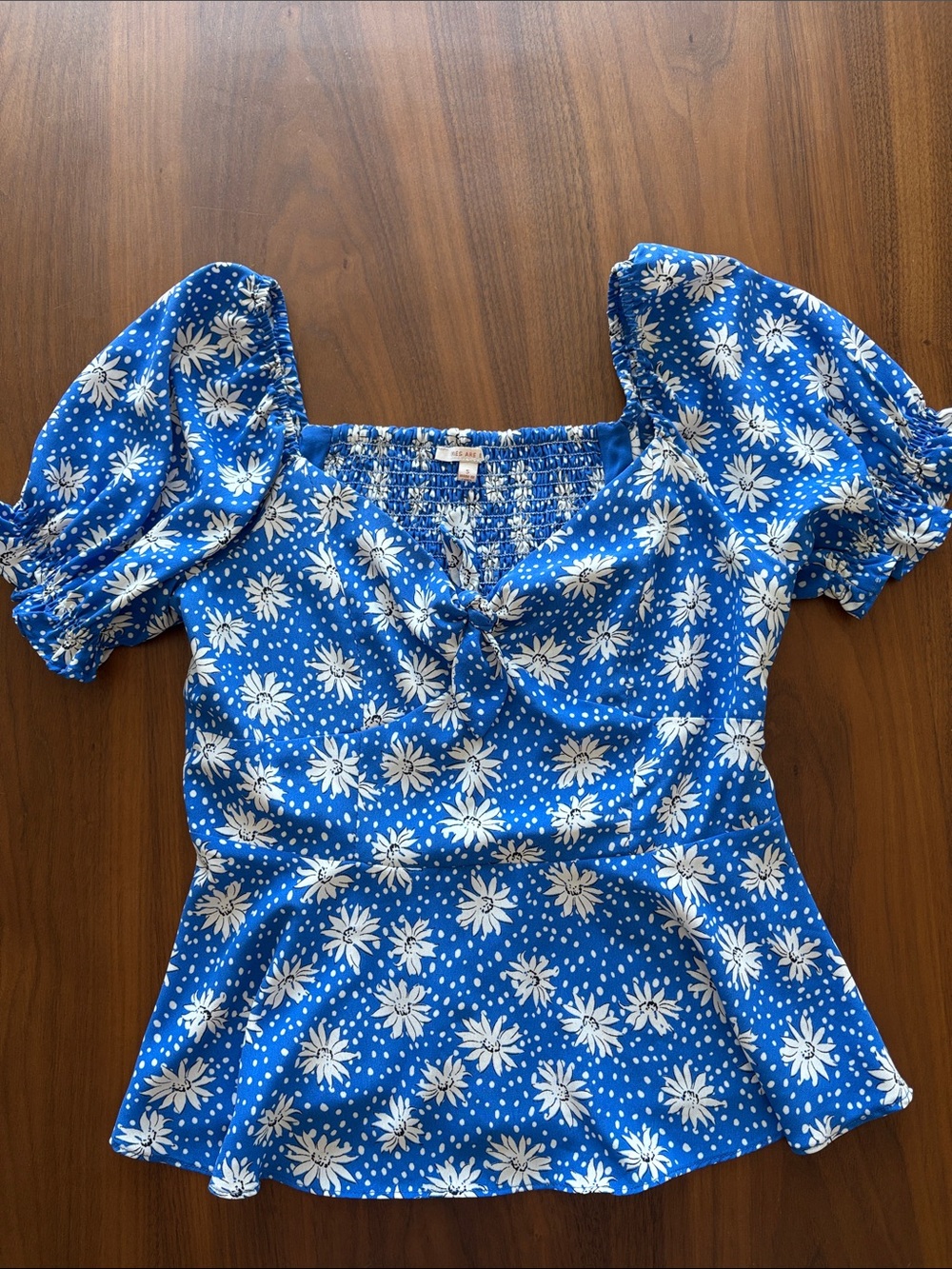 Blue Floral Puff-Sleeve Peplum Top
